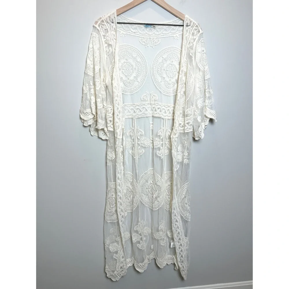 Rebellion Again Long Sheer Duster Cardigan Lace Crochet Romantic White Cream L‎